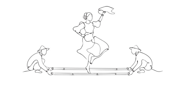 One line drawing of Tinikling dance. Continuous line of traditional Philippine bamboo dance. Cultural performance concept. Modern minimalist style. single line art vector illustration.