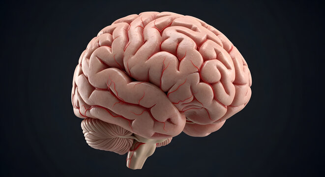 Human brain isolated on a dark background, detailed 3d rendering of brain anatomy.
