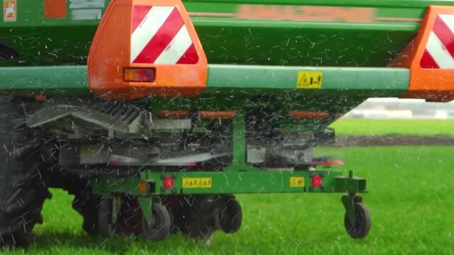 Close-up footage of tractor spreading mineral fertilizer on green field, particles flying from spreader, agricultural process detail