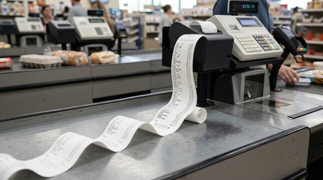 Long receipt printed from a cash register on supermarket checkout counter  