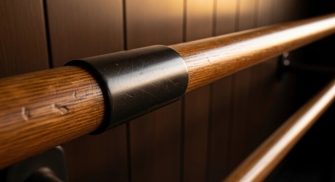 Close up on a worn wooden ballet barre with a black grip, showing texture and detail of a dance studio