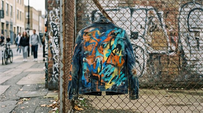 Spray-painted denim jacket hanging on a fence in urban setting  