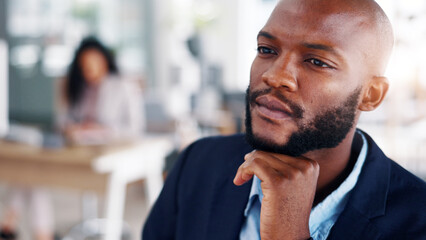 Obraz premium Business, thinking and man in office, financial advisor and planning for investment deal, choice and solution. Person, opportunity or broker in workplace, reflection and decision for trading option