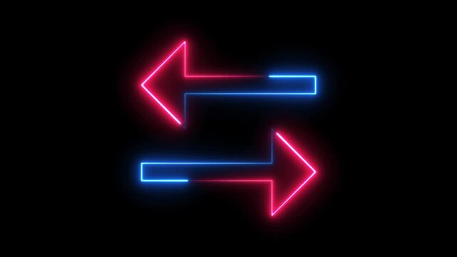 A glowing neon arrow sign on a black background, 4k animation video with an alpha channel and a night light symbol for business direction