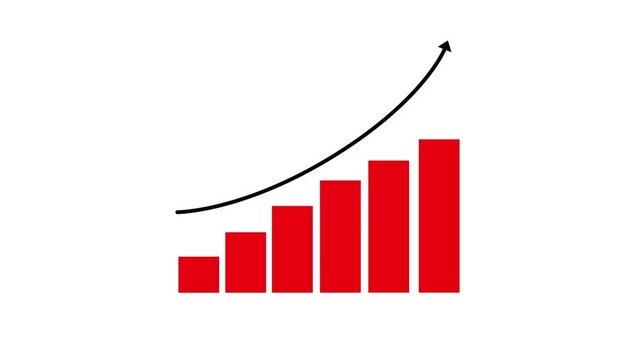 Red bar chart animation with rising columns and curved arrow, representing economic instability, financial crisis risk, volatile growth, and uncertain business performance on minimal background.