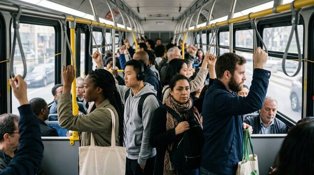 Group of diverse people standing in crowded bus during commute  
