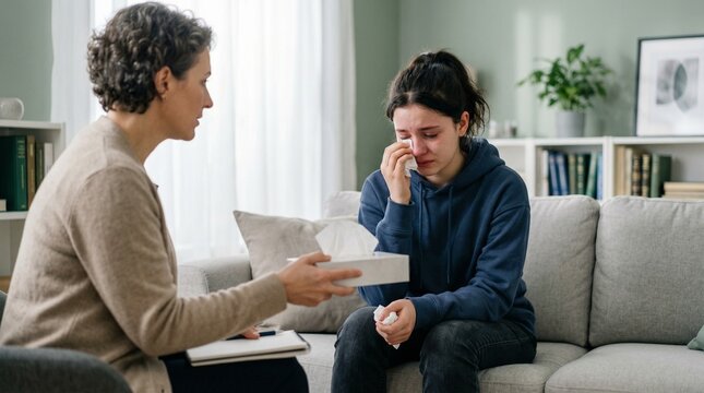 Young woman crying while receiving comfort from counselor indoors  