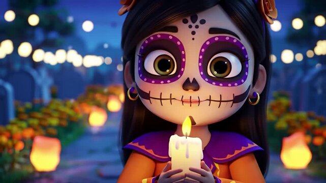 Animated girl with Day of the Dead face paint holding a lit candle in a graveyard