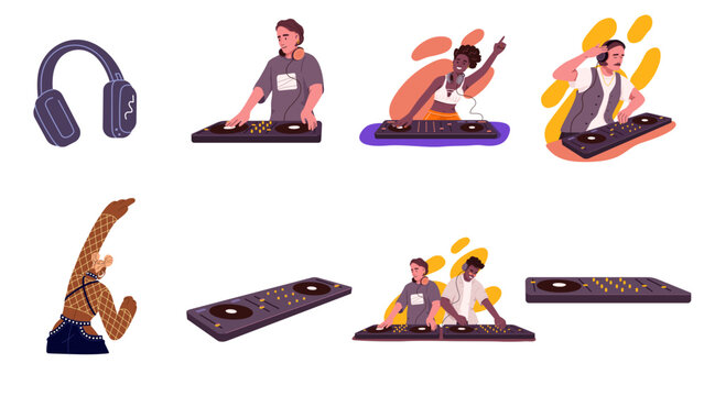 Diverse DJ characters performing set with professional audio equipment. Flat vector illustration of male and female music producers, headphones, and turntables for nightclub and festival events.