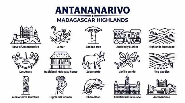 Antananarivo Madagascar Landmarks Collection - Vector Icons