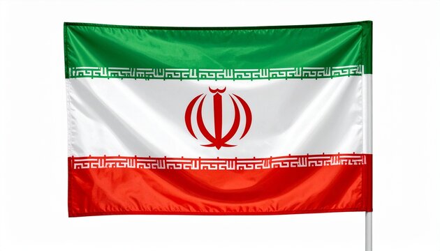 "Iran national flag with green, white, and red stripes, central red emblem of Allah, Kufic script borders repeating 'Allahu Akbar,' symbolizing Islamic heritage and sovereignty."