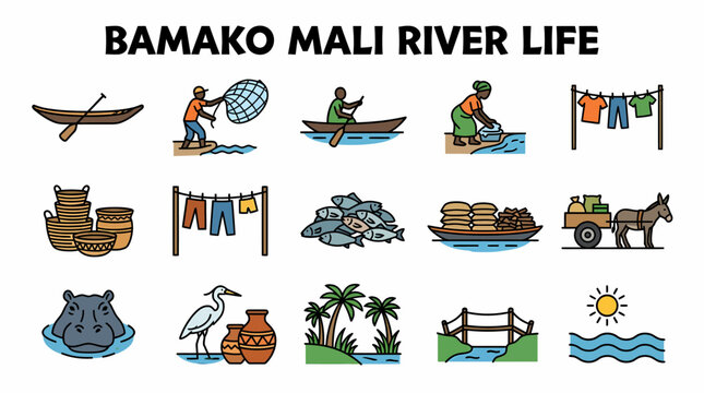 Bamako Mali River Life Icons: Fishing, Farming, Daily Activities