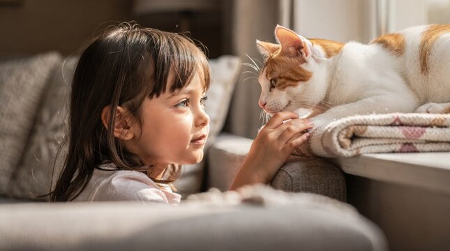 Little girl touching cat at home in warm natural light