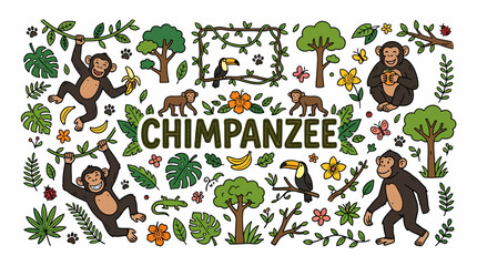 Naklejka premium Chimpanzee Jungle Fun: Cute Animals, Tropical Plants, Toucan Birds