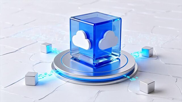Blue cloud icon on pedestal with cubes