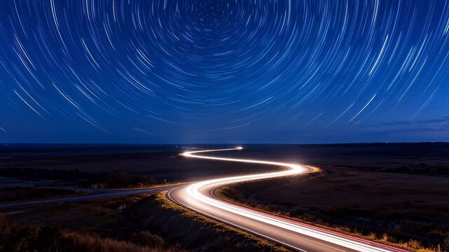 Winding road under star trails in night sky
