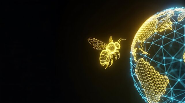 Digital bee flying around a glowing earth. low poly world bee day with digital art modern art abstract technology connection futuristic creative. low poly world bee day
