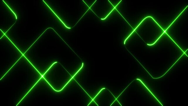 A vibrant abstract background featuring dynamic neon line patterns in shades of red . Neon red laser lines animation with black background.