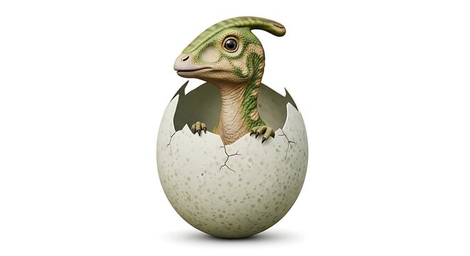 A baby Parasaurolophus dinosaur with green skin and a distinctive crest hatches from a cracked egg on a white background.