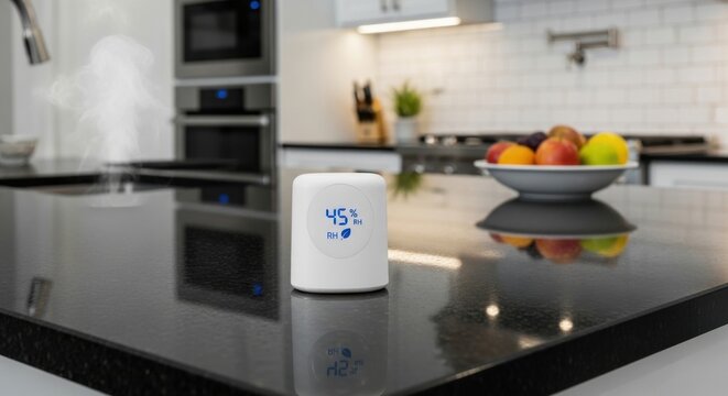 Smart cylindrical humidity sensor displaying 45% on a modern kitchen countertop with appliances in the background