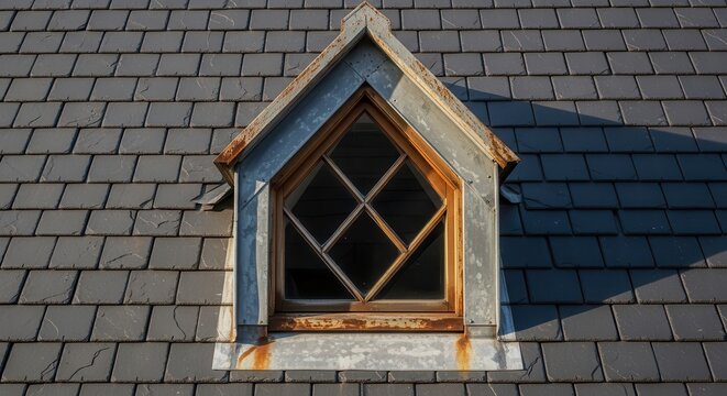 Distinctive diamond-shaped attic dormer window set within a dark slate pitched roof