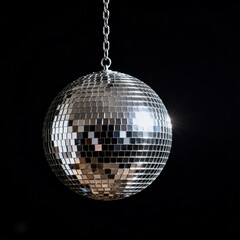 Obraz premium Shiny Silver Disco Ball Hanging Against Black Background