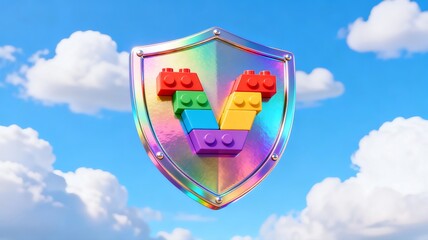Naklejka premium Shield with Colorful Blocks and Sky Background