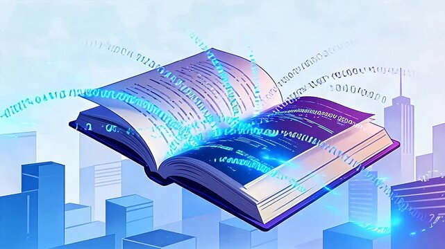 Floating book with digital code over cityscape