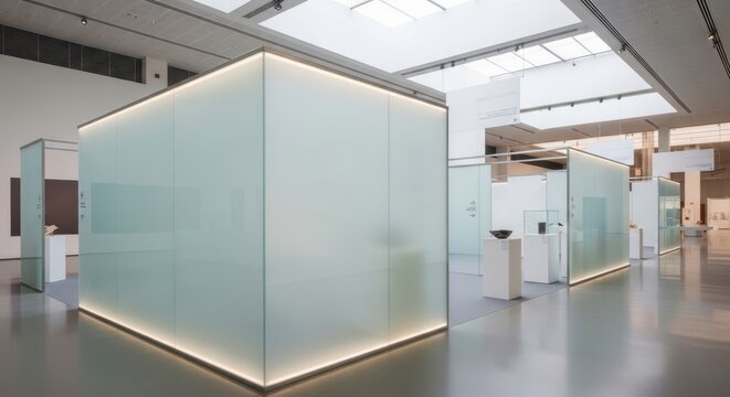 Modern frosted glass partitions with integrated lighting in a contemporary exhibition space