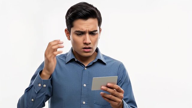 Confused Man Analyzing Card Displaying a Range of Emotions on White