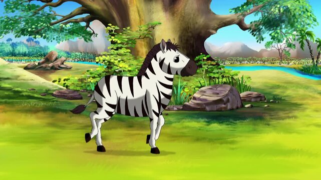 Cartoon Zebra walking in the African Savanna 2D animation