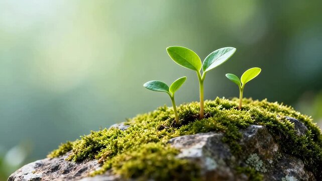 Young plants growing on mossy rock