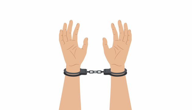 Handcuffed hands, wrist restraints, bound palms, metal cuffs, arrest symbol