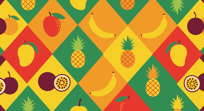 Vibrant Fruit Pattern, Colorful Tropical Seamless Design, Fresh Food Illustration, Vector Background