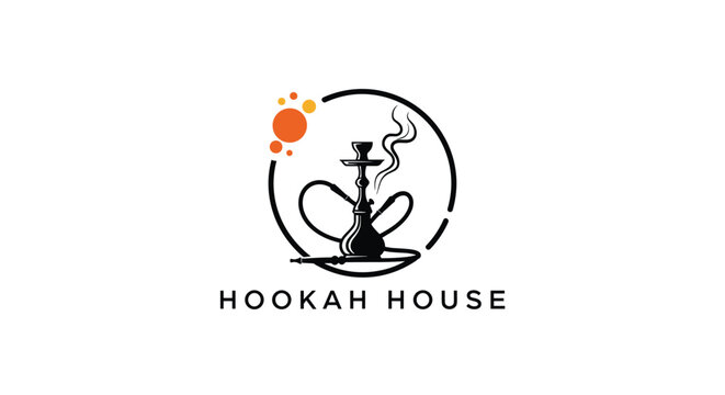 Hookah house lounge logo design featuring a black shisha silhouette with smoke and orange bubbles inside a circle on white background.