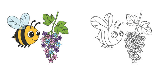 Obraz premium Cute bee and colorful flowers coloring page, cartoon illustration of a friendly honeybee, vector spring nature drawing for kids, educational activity with insect and floral design.