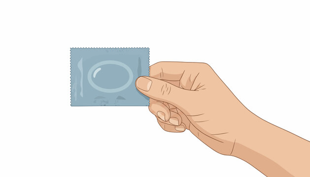 Vector condom package, blue foil wrapper, hand holding, contraceptive, safety, protection