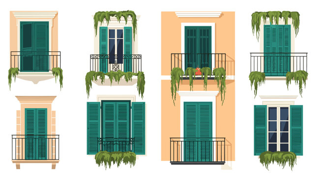 Mediterranean architectural windows and balconies decorated with green shutters and lush hanging plants on light walls.