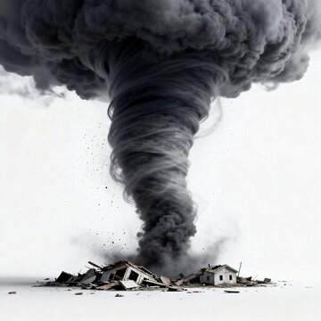 Tornado Destroying Rural Buildings with Smoke