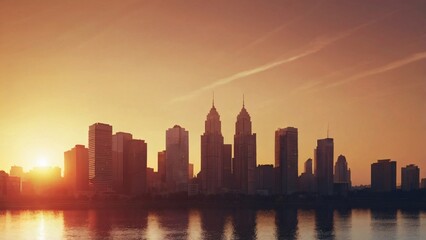 Obraz premium City skyline at sunset with calm water reflecting the buildings and sky