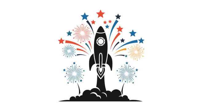 Silhouette of a space rocket launching into the sky surrounded by colorful fireworks and bright stars for celebratory events.