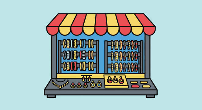 Colorful jewelry stand with bangles and earrings on display under striped awning