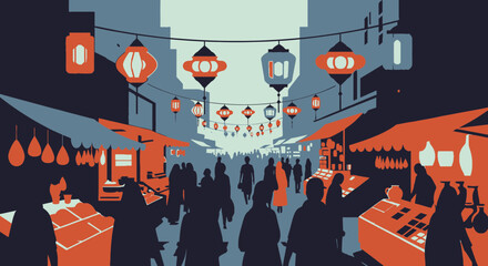 Obraz premium Vibrant nighttime market scene with people and lanterns in city street