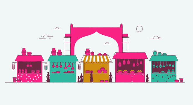 Vibrant indian street food market scene with colorful stalls and archway rajasthan inspired illustration