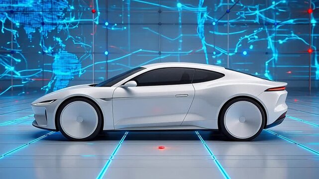 Futuristic white sports car in digital space