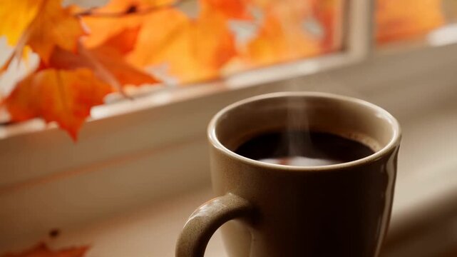 Slow motion static shot of steaming coffee mug by window sill with autumn leaves and morning light in home kitchen