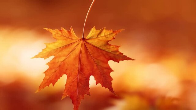 Slow motion tracking shot of maple leaf descending through autumn forest with warm bokeh background
