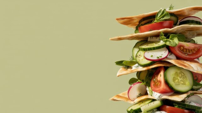 Architecturally stacked fattoush salad with pita bread and fresh vegetables
