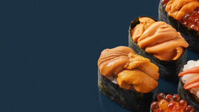 Uni gunkan sushi topped with sea urchin and salmon roe on dark background