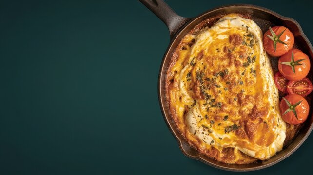 Melted golden provoleta cheese with fresh tomatoes in a cast iron skillet